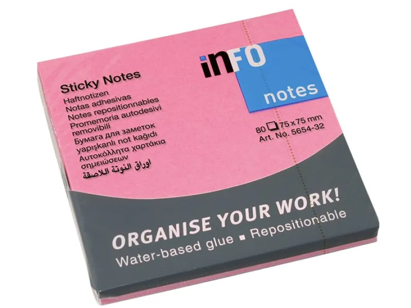 Samolepljivi blokčići 75x75 blistave boje Info Notes roze