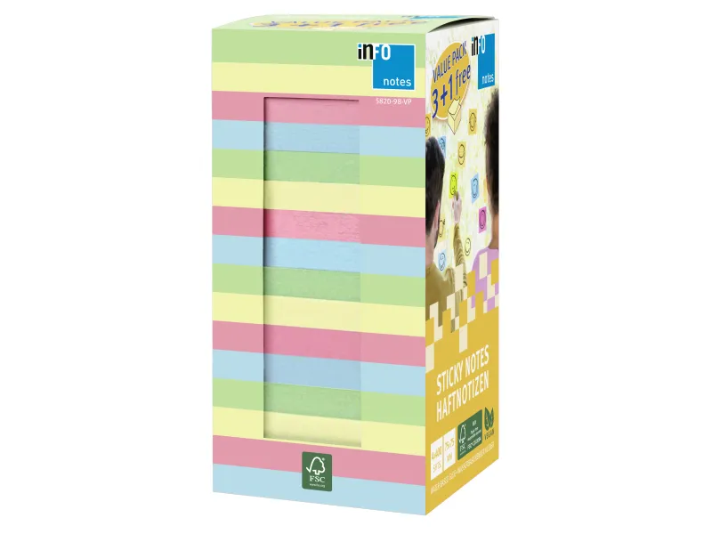 Samolepljivi color mix pack 75x75, KOCKA 400 listova, 3+1 gratis Info Notes 
