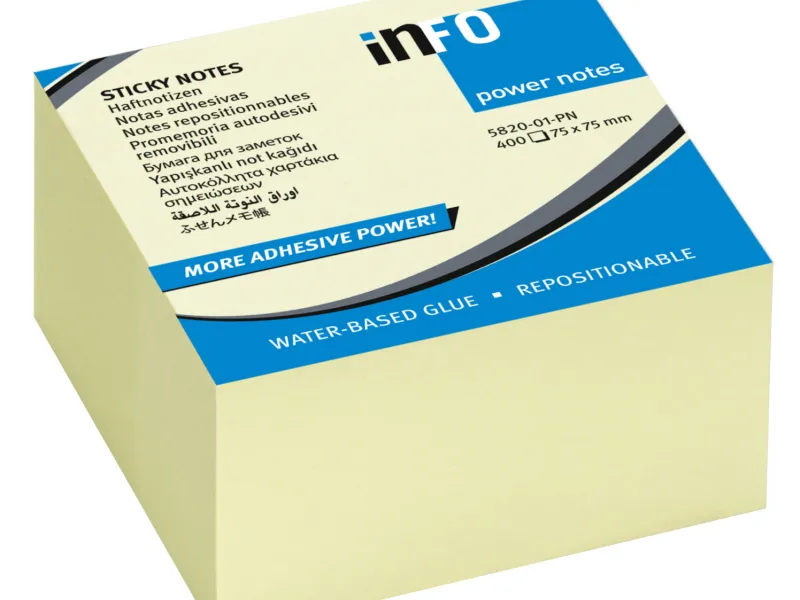 Power Notes 75x75, sa posebno jakim lepkom, KOCKA 400 listova  Info Notes žuta